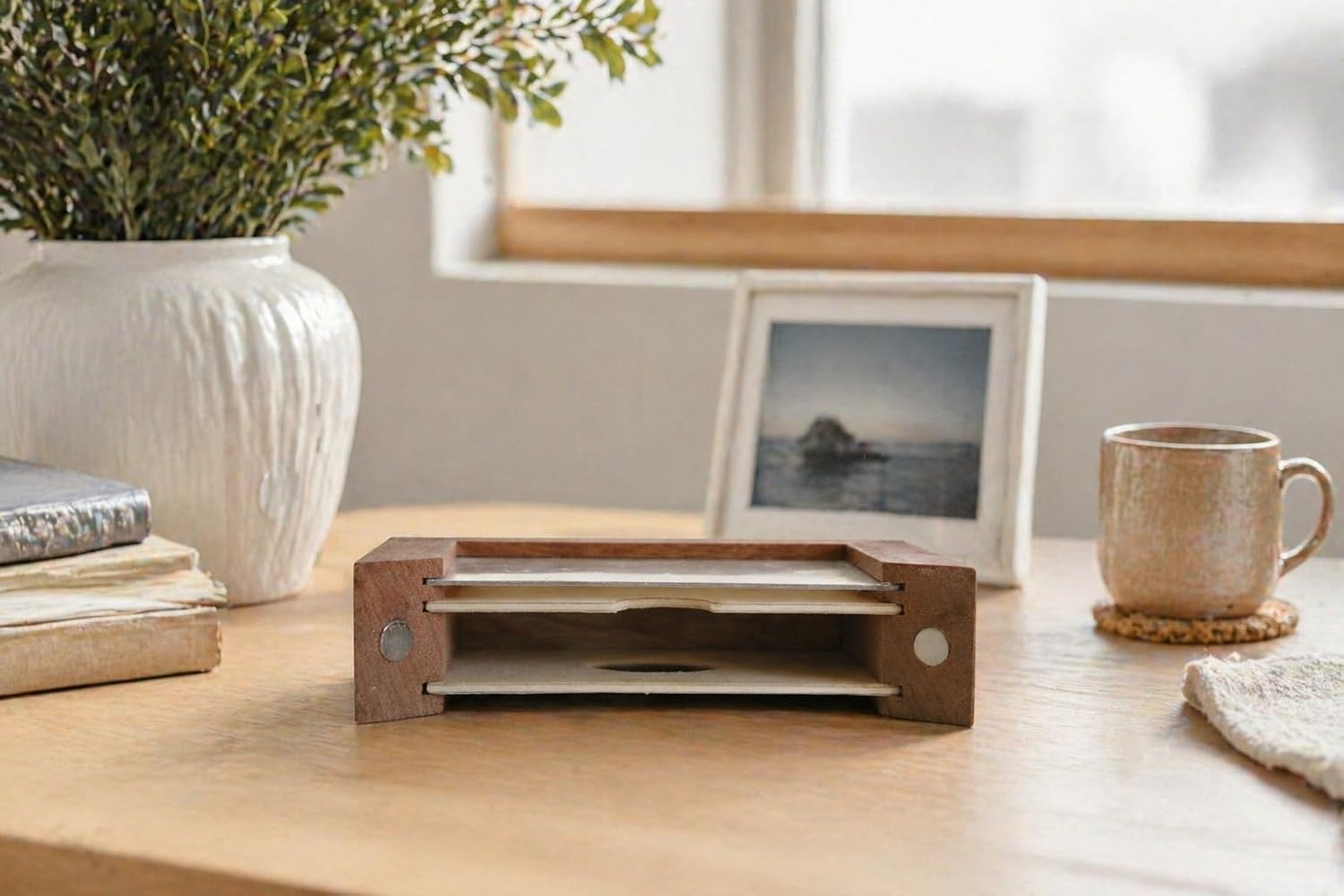 Wooden photo frame on a warm tabletop